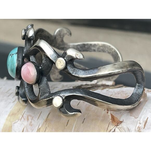 Chimney Butte Sterling Cuff Turquoise Pink Conch Southwest Artisan Silver 45g - Picture 5 of 13